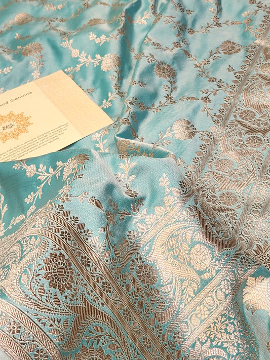 Sea Green Mashru Silk Banarasi Saree With Jaal Pattern