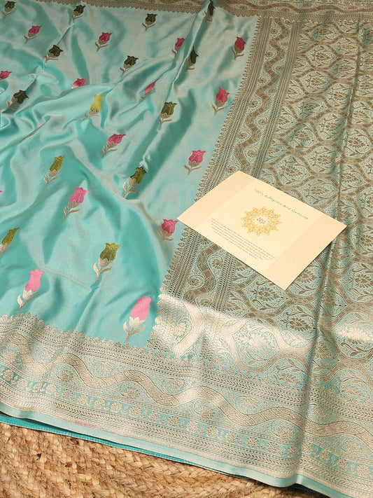 Sea Green Mashru Silk Banarasi Saree With Meena bootas