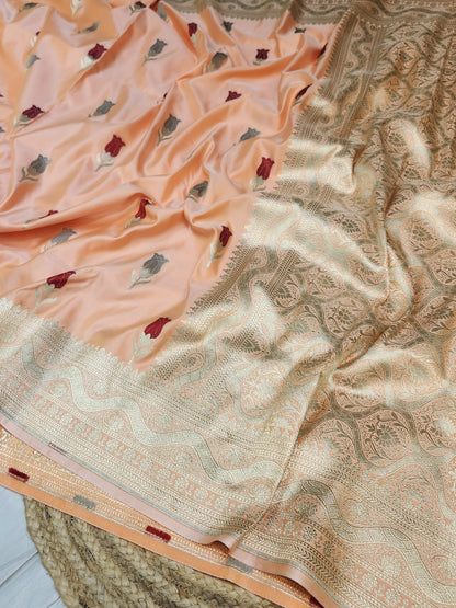 Peach banarasi Mashru Silk Banarasi Saree With Meena bootas