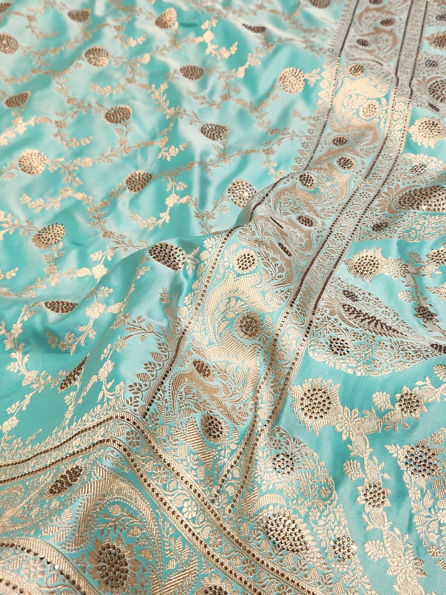 Sea Green Mashru Silk Banarasi Saree With Siroski stone work