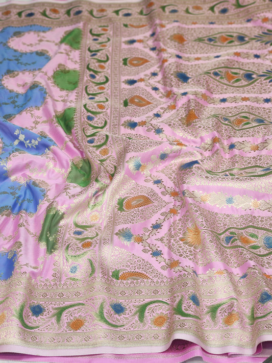 Soft Baby Pink Color Handbrush Mashru Silk Banarasi Saree With Jaal Pattern
