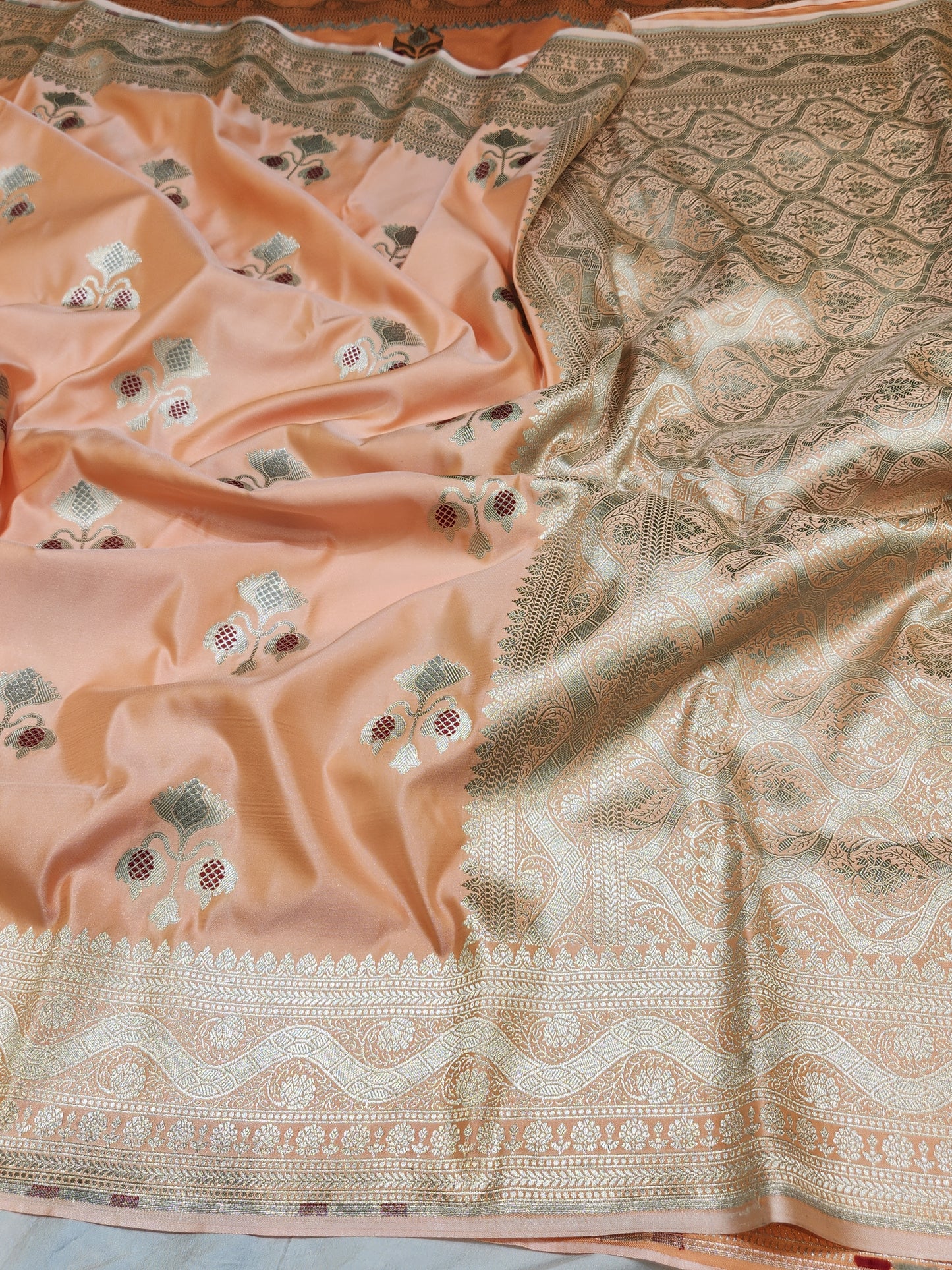 Peach banarasi Mashru Silk Banarasi Saree With Meena bootas