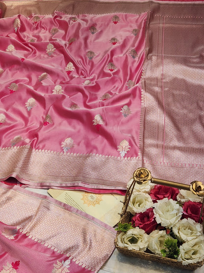 Strawberry Pink Mashru Silk Banarasi Saree With Meena bootas