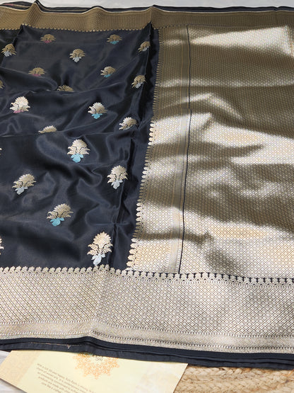 Jet Black Mashru Silk Banarasi Saree With Meena bootas