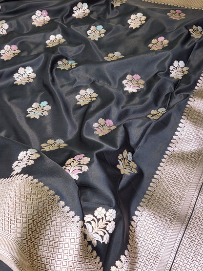 Jet Black Mashru Silk Banarasi Saree With Meena bootas