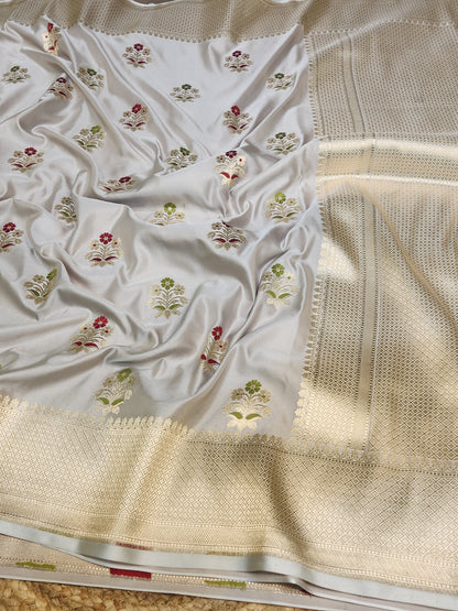 Ash Grey Banarasi Mashru Silk Banarasi Saree With Meena bootas
