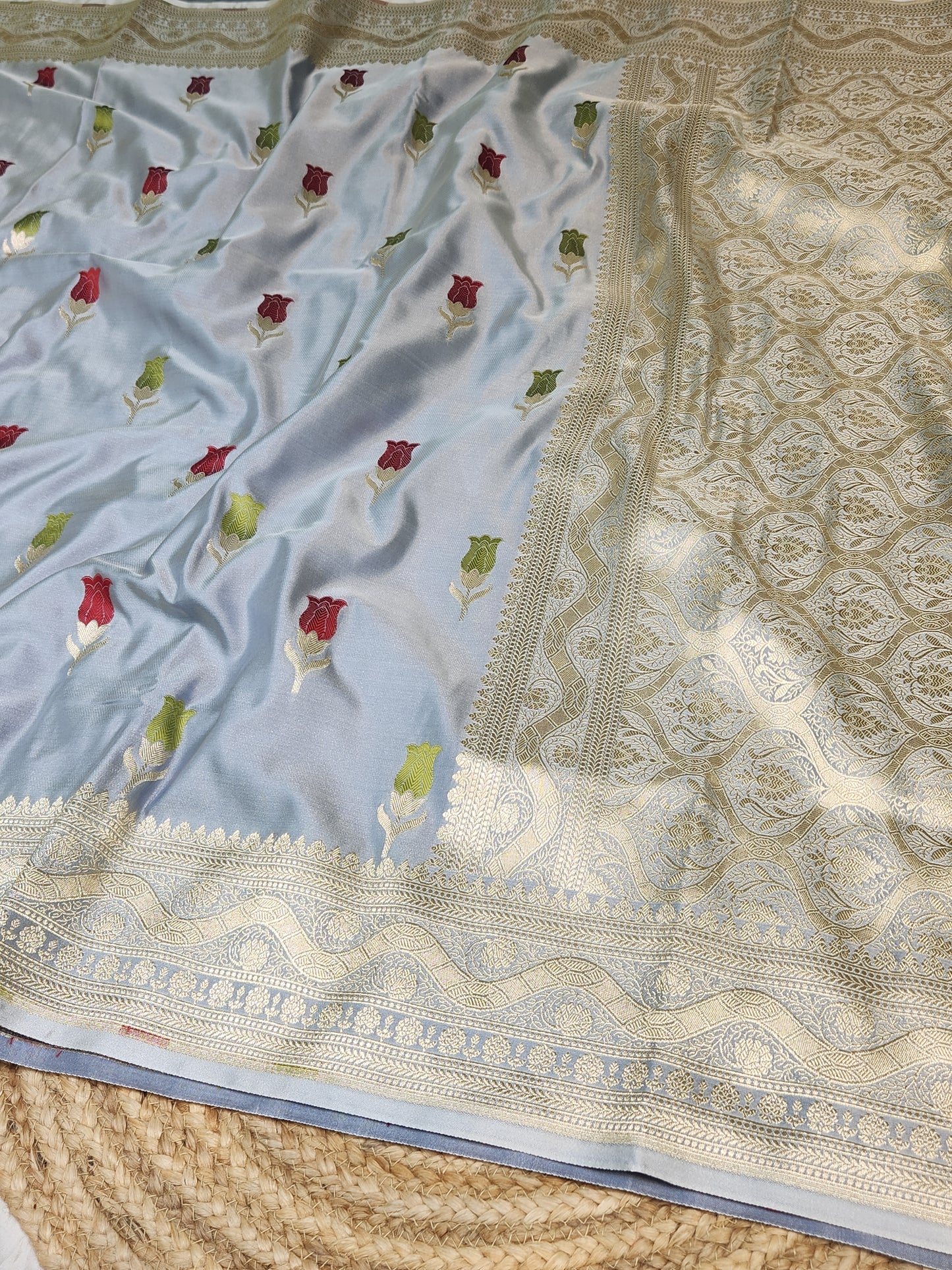 Grey banarasi Mashru Silk Banarasi Saree With Meena bootas