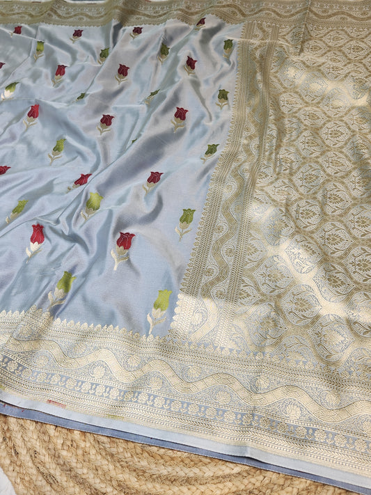 Grey banarasi Mashru Silk Banarasi Saree With Meena bootas