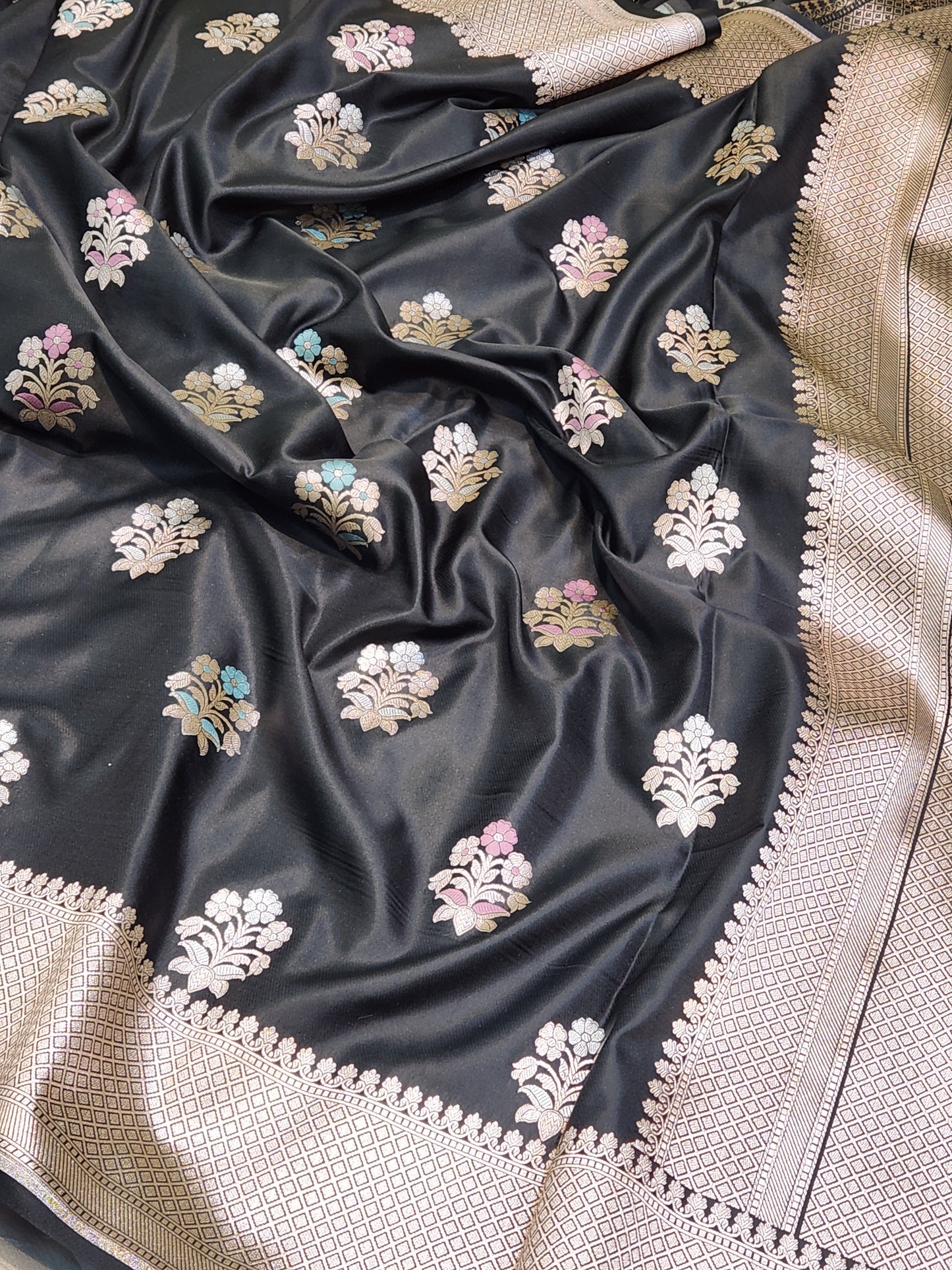 Jet Black Mashru Silk Banarasi Saree With Meena bootas