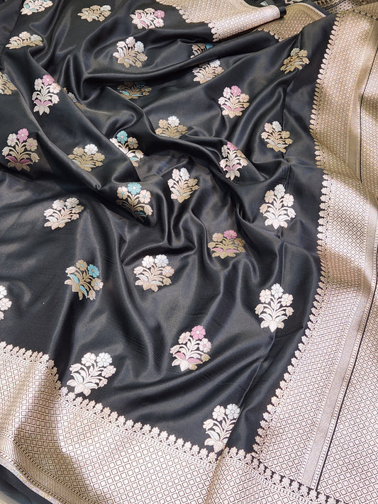 Jet Black Mashru Silk Banarasi Saree With Meena bootas
