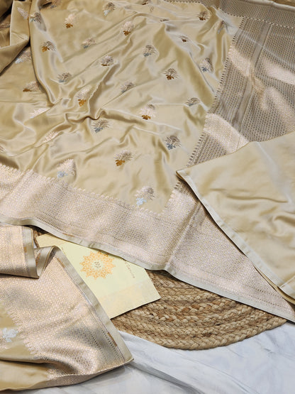 Tan color Mashru Silk Banarasi Saree With Meena bootas
