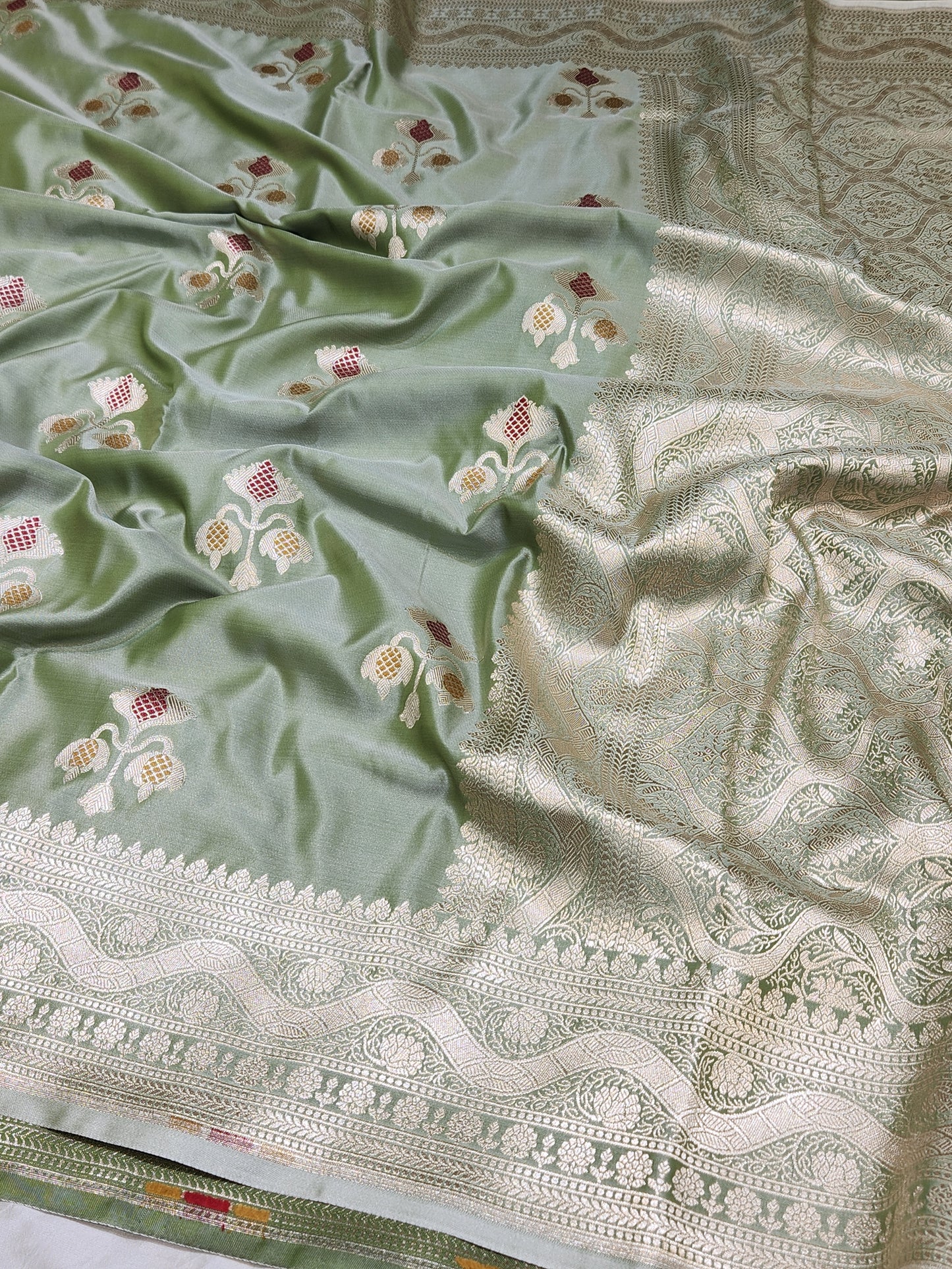Olive Green Banarasi Mashru Silk Banarasi Saree With Meena bootas