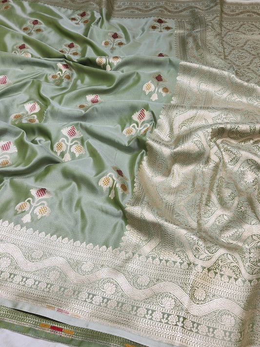 Olive Green Banarasi Mashru Silk Banarasi Saree With Meena bootas