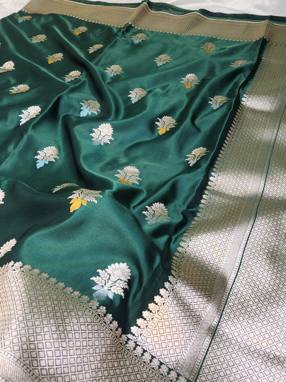 Bottle Green Mashru Silk Banarasi Saree With Meena bootas