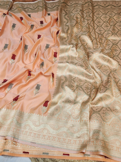 Peach banarasi Mashru Silk Banarasi Saree With Meena bootas