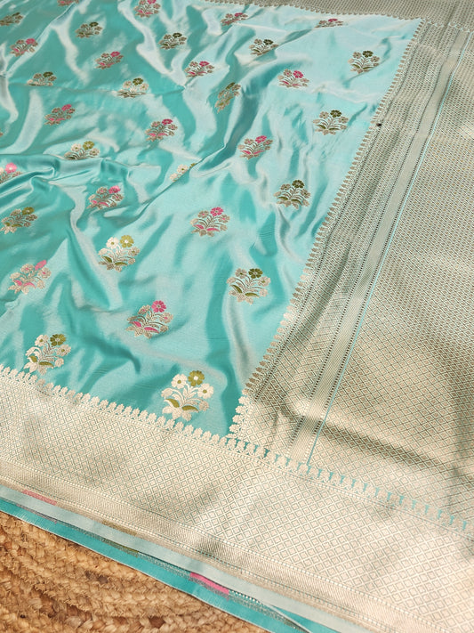 Sea Green Mashru Silk Banarasi Saree With Meena bootas