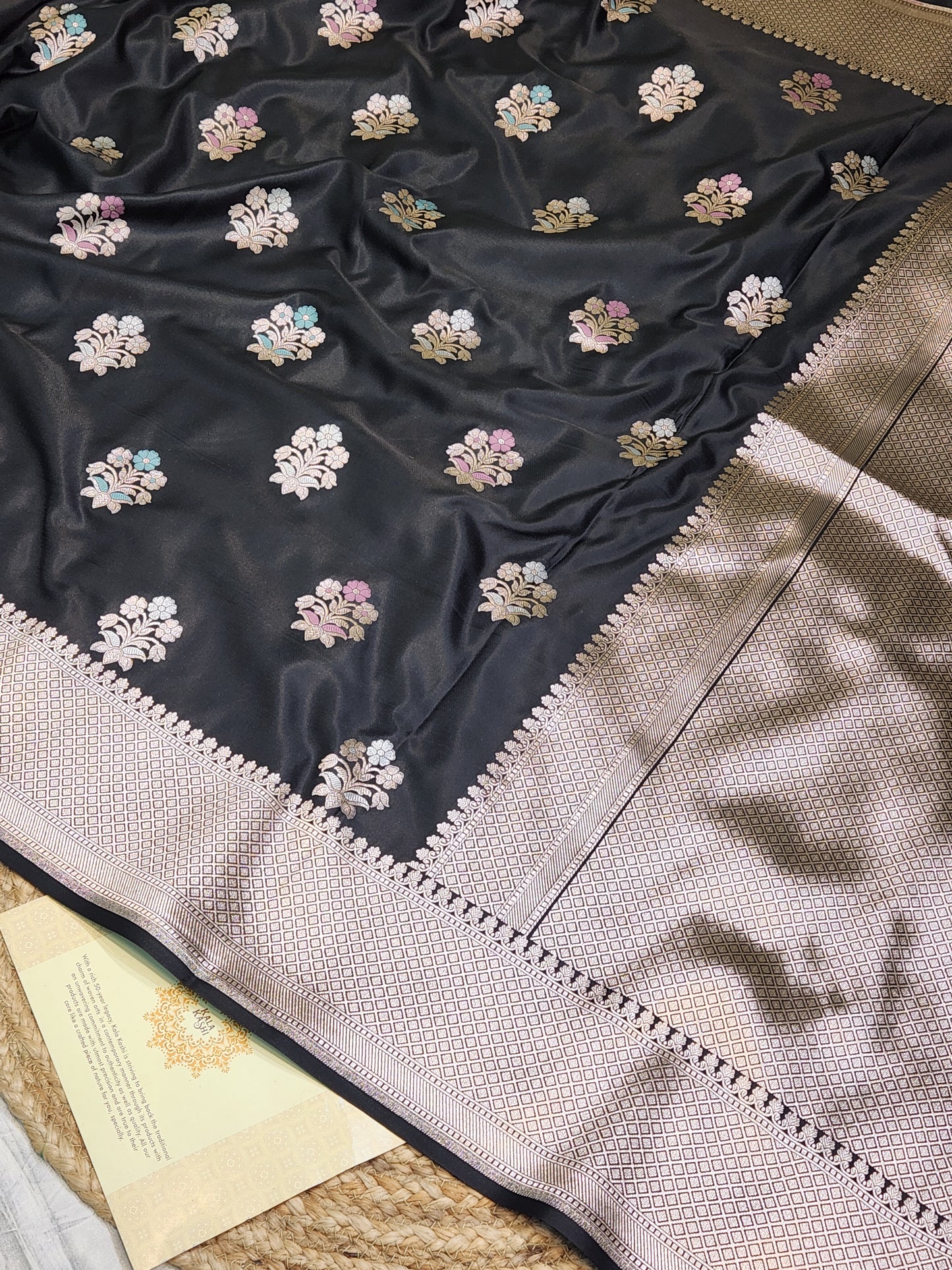 Jet Black Mashru Silk Banarasi Saree With Meena bootas