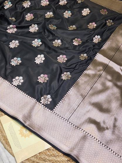Jet Black Mashru Silk Banarasi Saree With Meena bootas