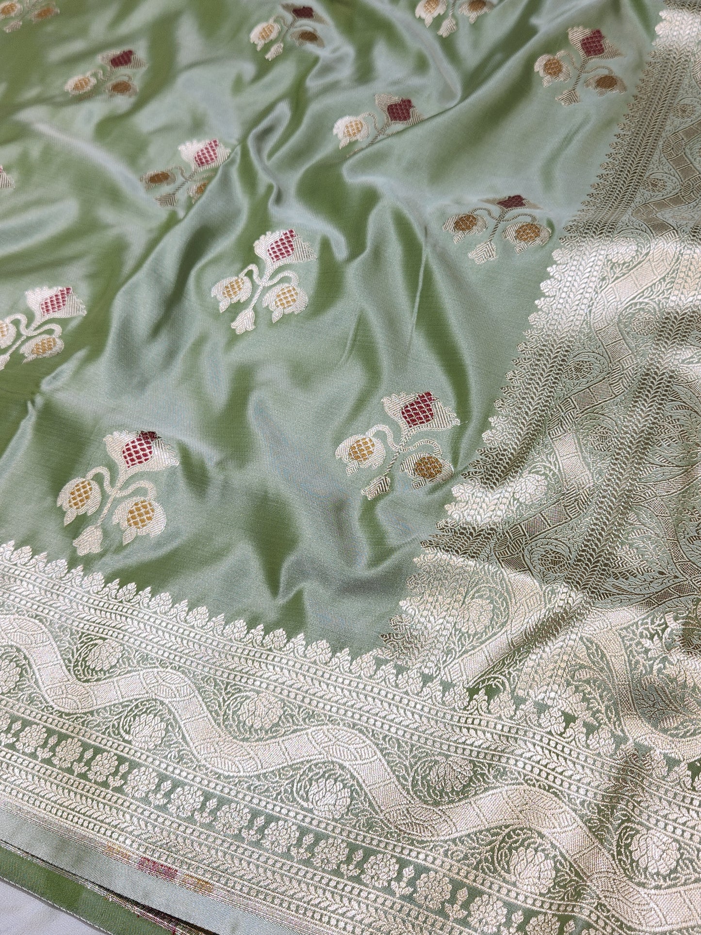 Olive Green Banarasi Mashru Silk Banarasi Saree With Meena bootas
