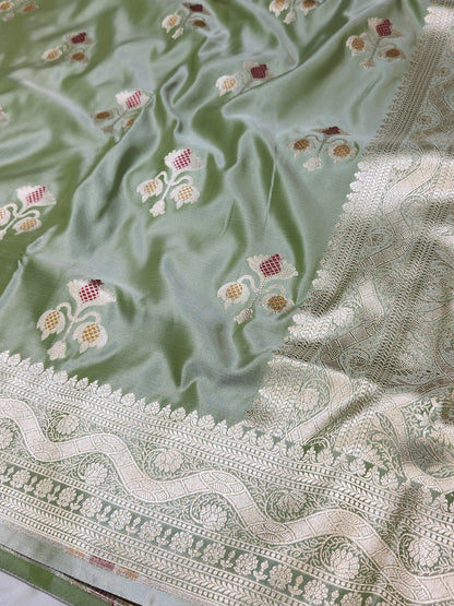 Olive Green Banarasi Mashru Silk Banarasi Saree With Meena bootas
