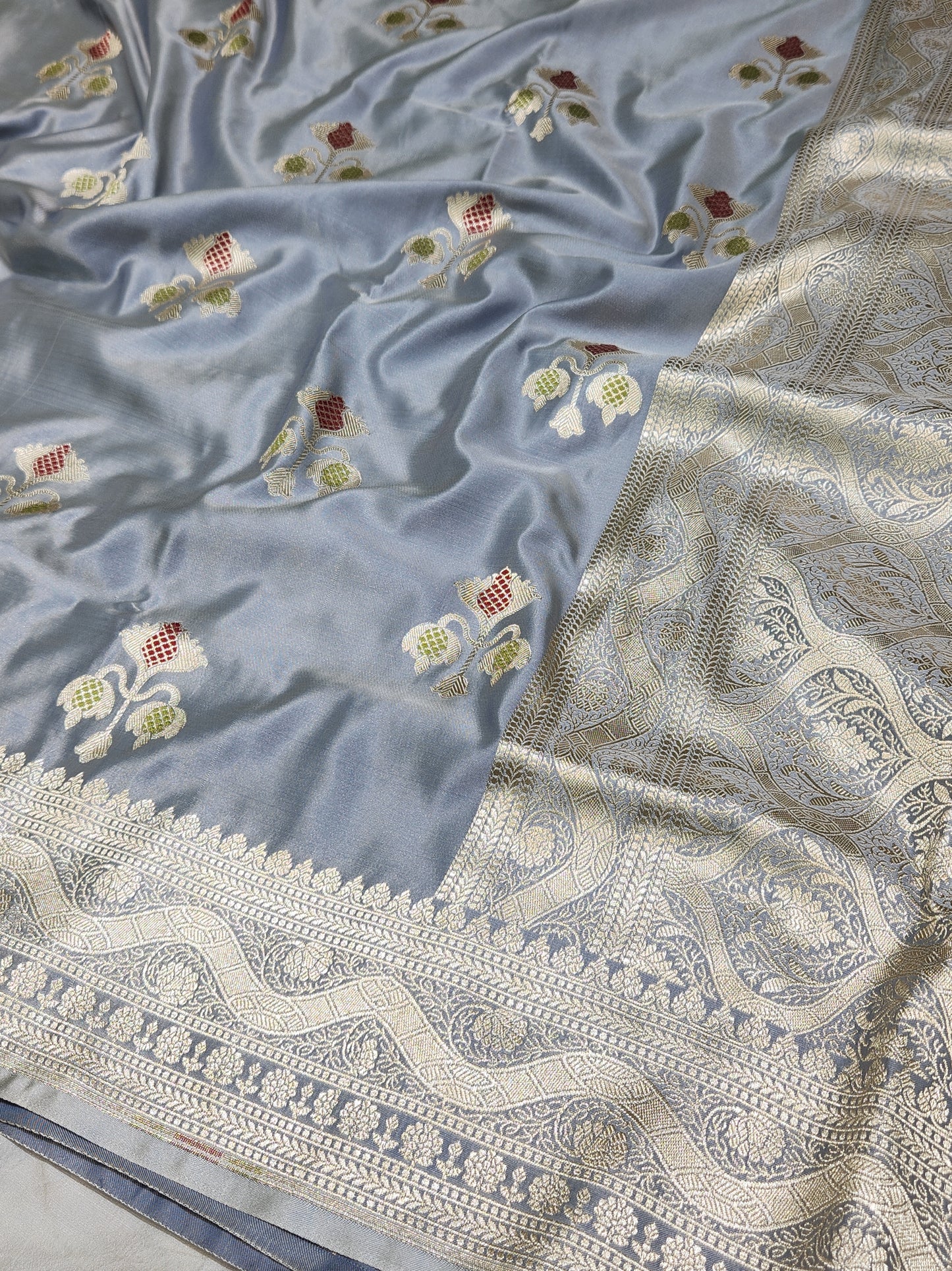 Grey banarasi Mashru Silk Banarasi Saree With Meena bootas