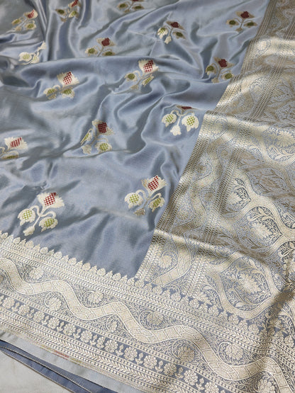 Grey banarasi Mashru Silk Banarasi Saree With Meena bootas