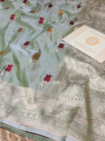 Olive Green Banarasi Mashru Silk Banarasi Saree With Meena bootas