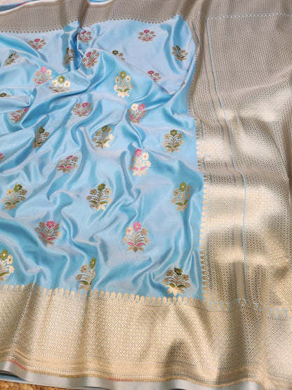 Powder Blue Mashru Silk Banarasi Saree With Meena bootas