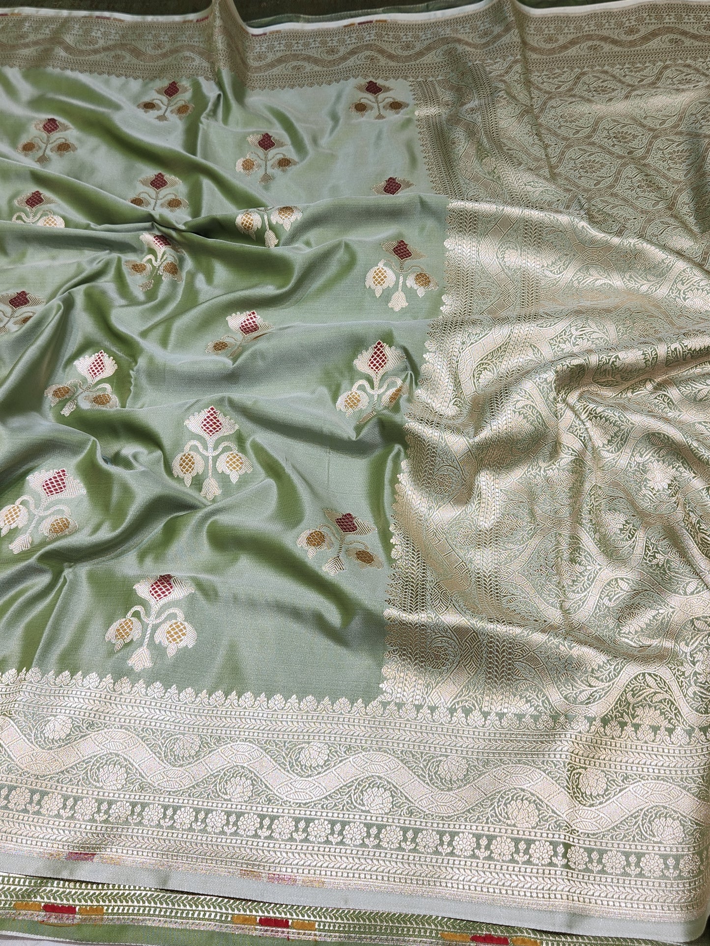 Olive Green Banarasi Mashru Silk Banarasi Saree With Meena bootas
