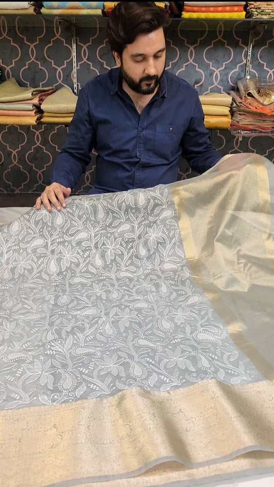 Light Grey Premium Chikankari Work Banarasi Saree
