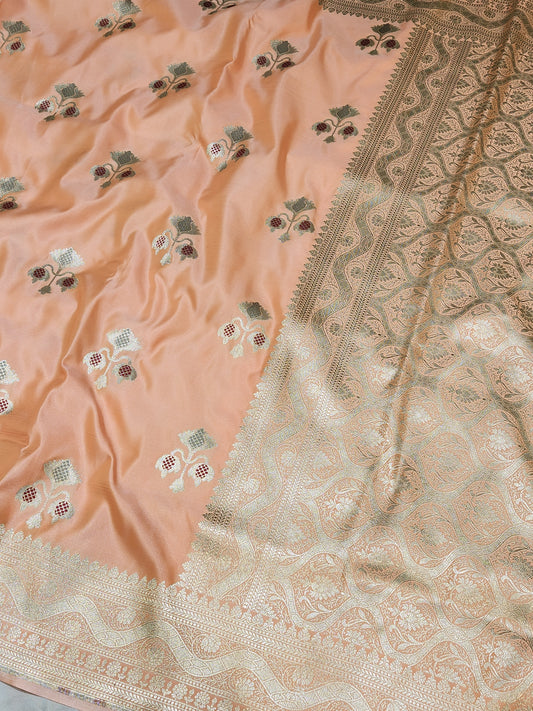 Peach banarasi Mashru Silk Banarasi Saree With Meena bootas