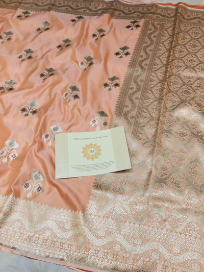 Peach banarasi Mashru Silk Banarasi Saree With Meena bootas