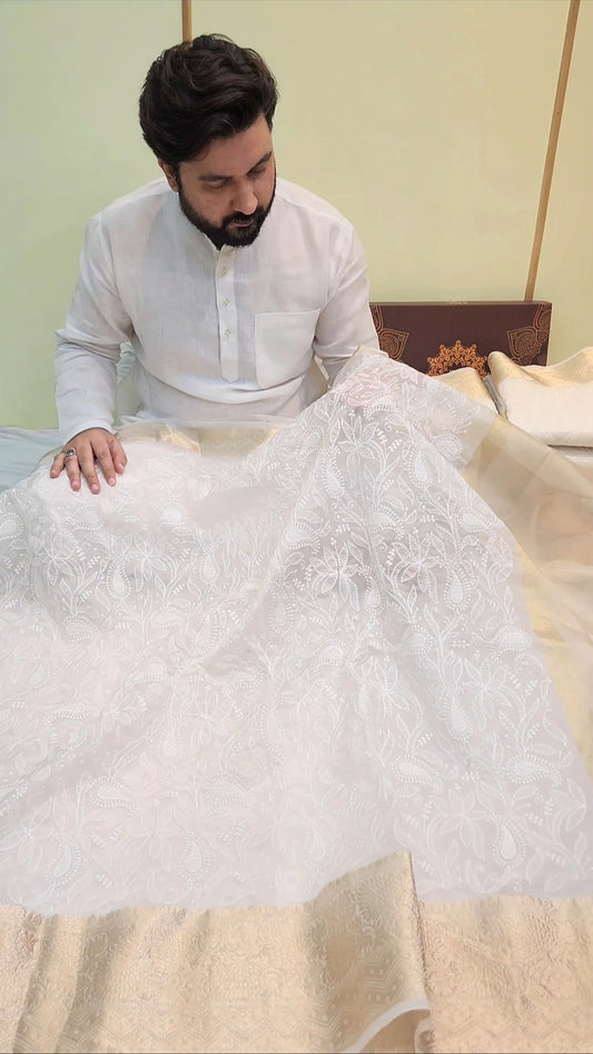 White Premium Chikankari Work Banarasi Saree