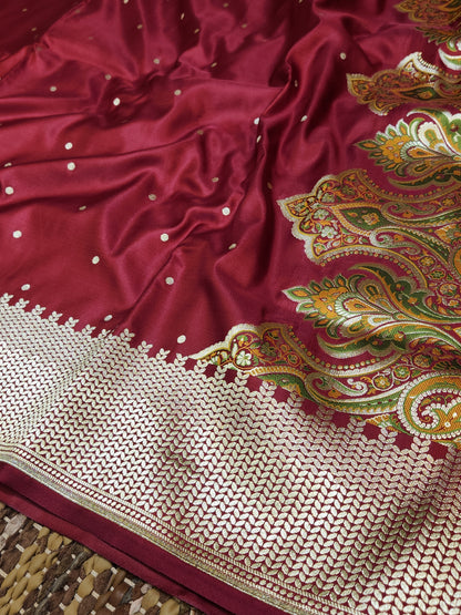Deep maroon Kimkhab mashru silk saree with all over booti