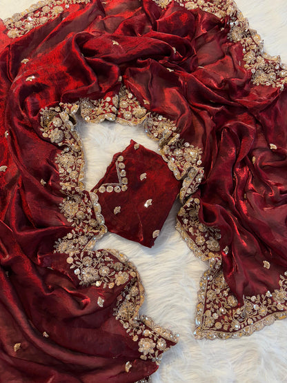 Maroon designer handwork Space Silk Saree