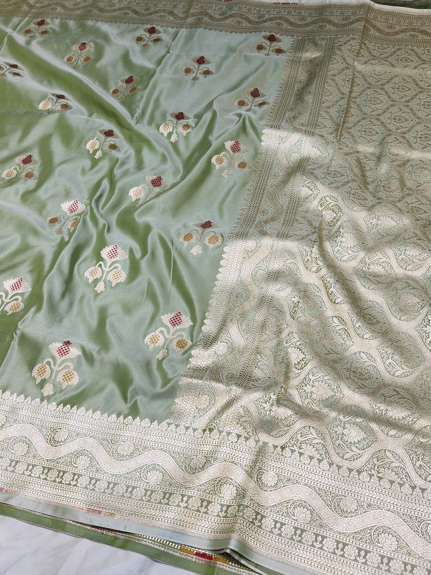 Olive Green Banarasi Mashru Silk Banarasi Saree With Meena bootas