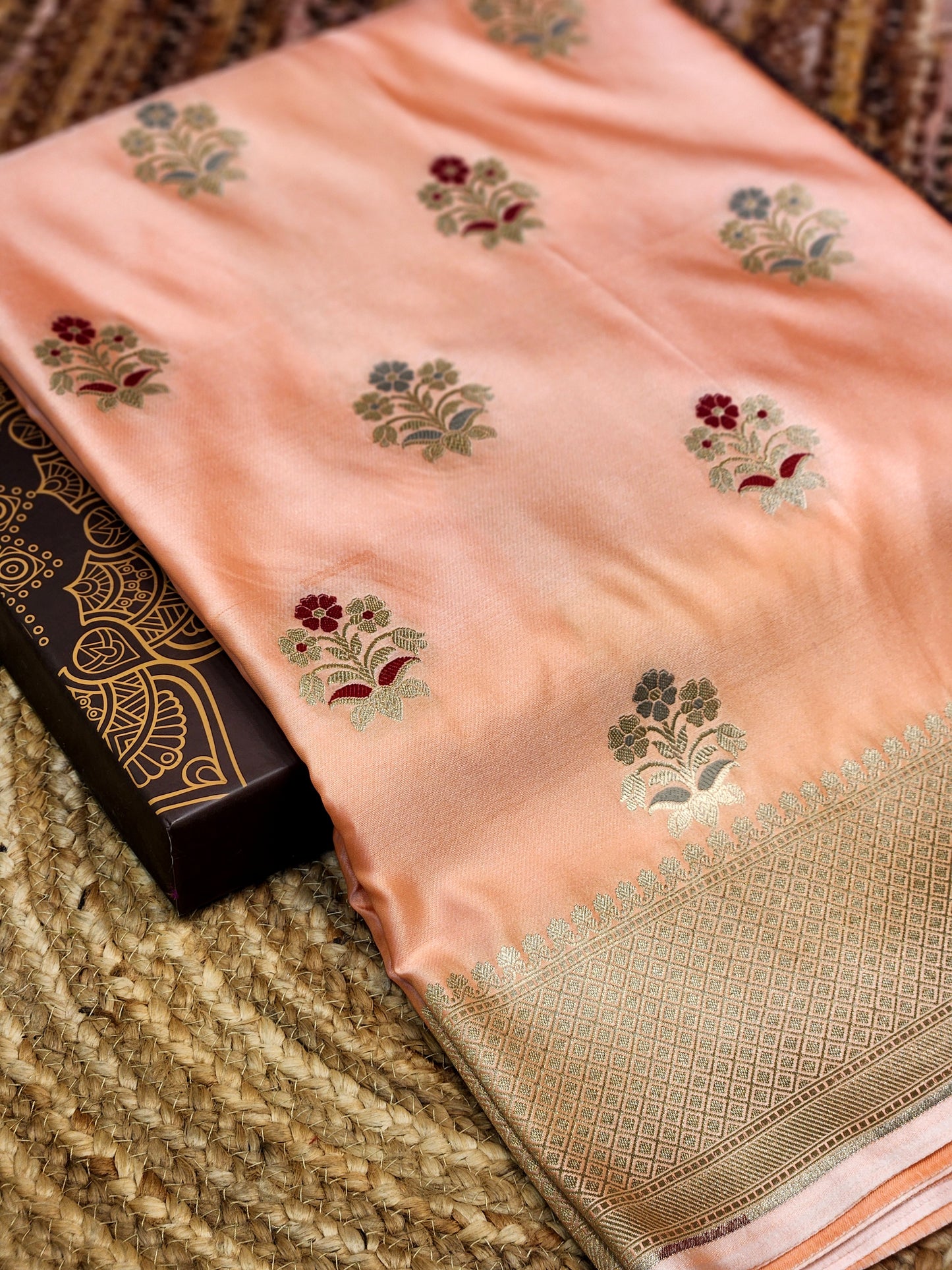 Peach banarasi Mashru Silk Banarasi Saree With Meena bootas