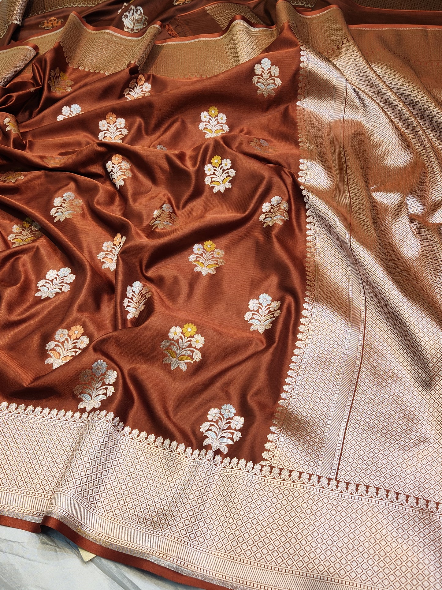 Coffee brown Mashru Silk Banarasi Saree With Meena bootas