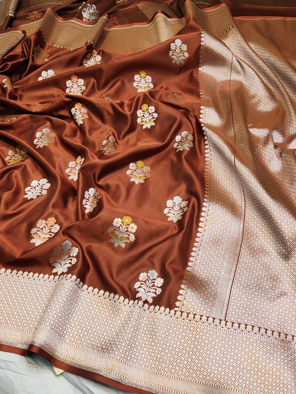 Coffee brown Mashru Silk Banarasi Saree With Meena bootas