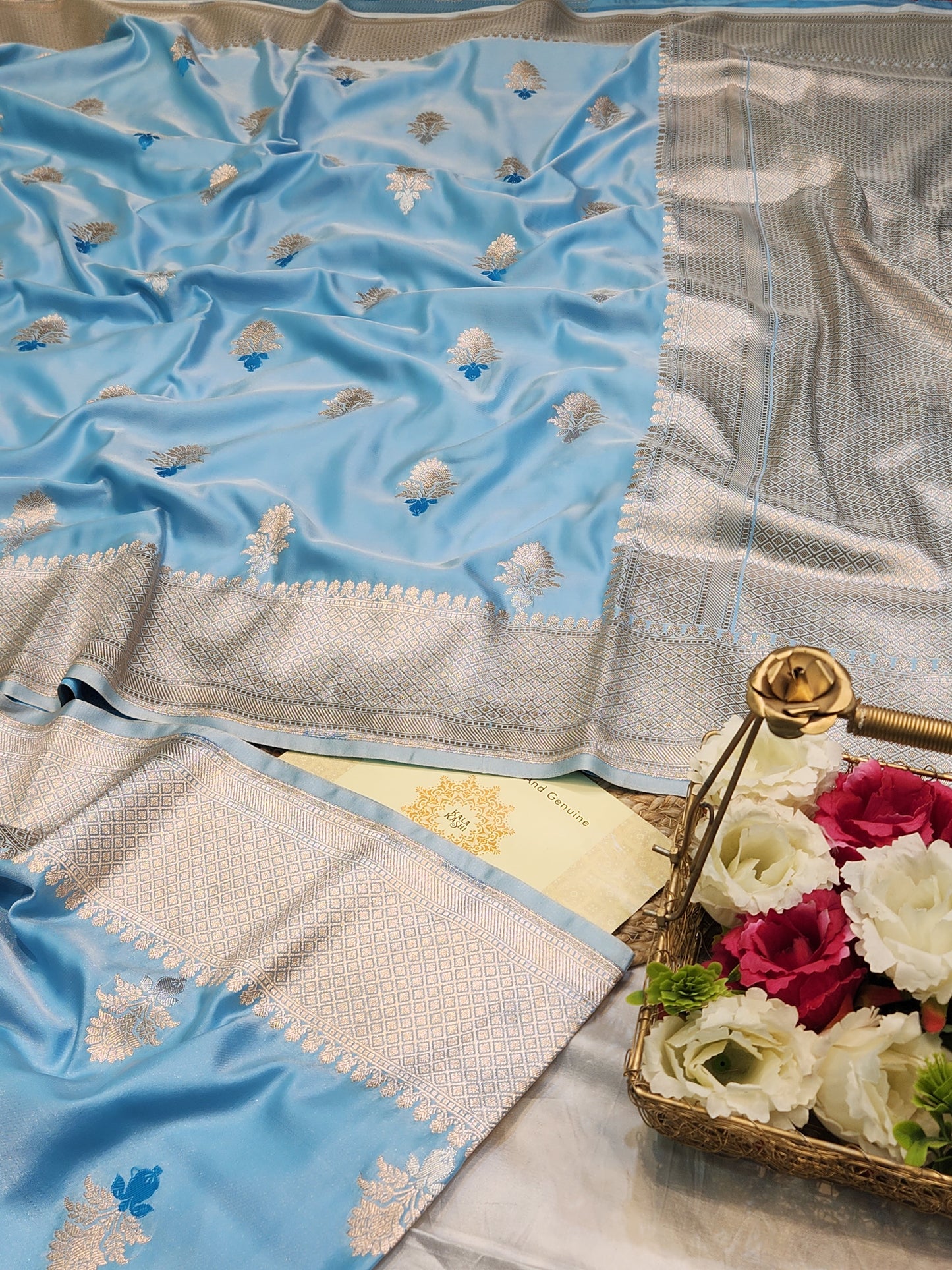 Powder Blue Mashru Silk Banarasi Saree With Meena bootas