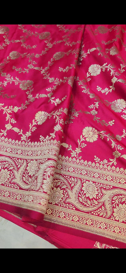 Hot Pink Mashru Silk Banarasi Saree Jaal Pattern