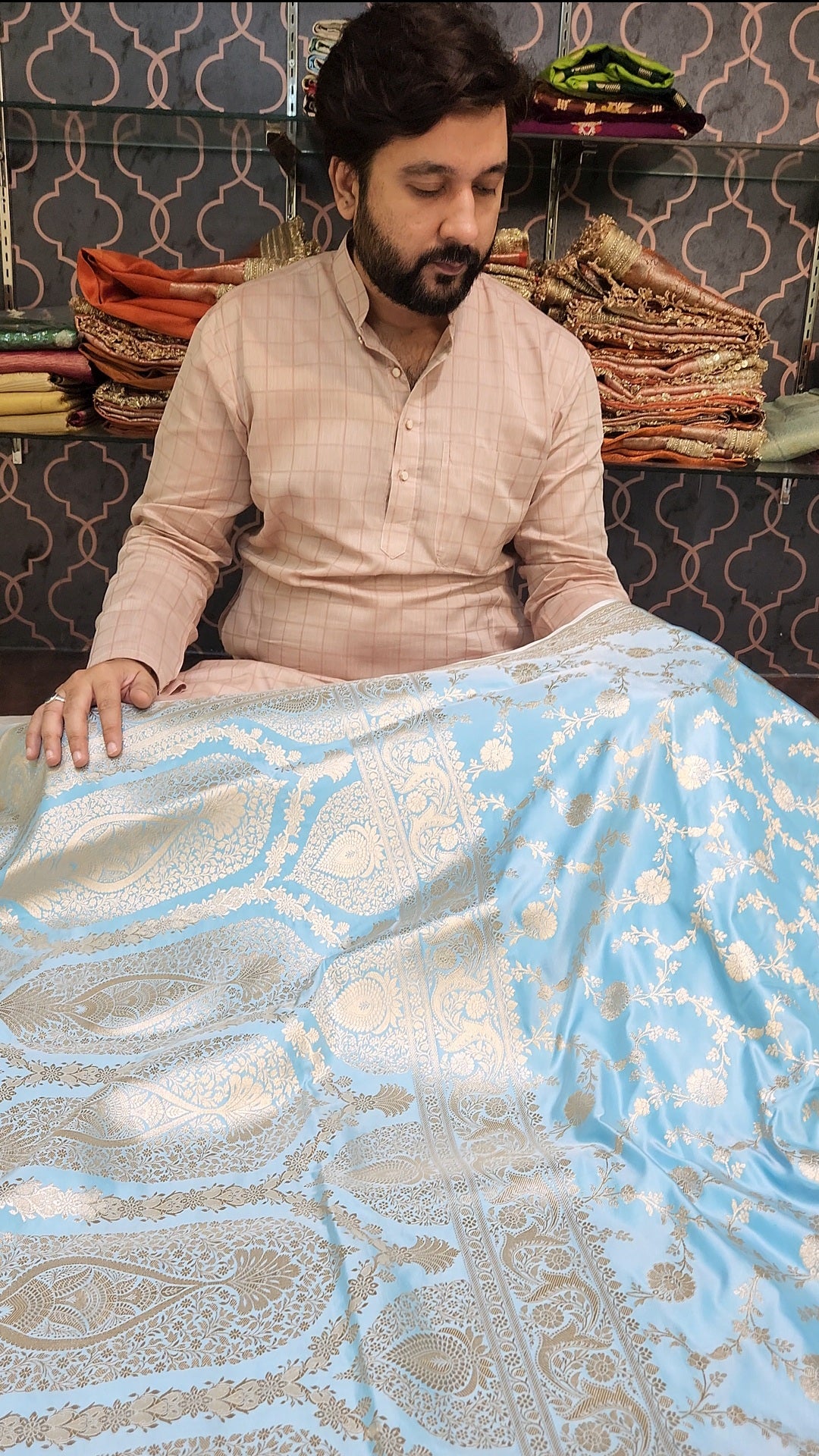 Sky blue Mashru Silk Banarasi Saree Jaal Pattern