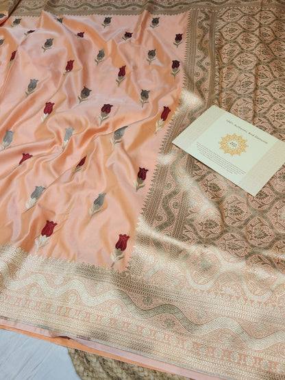Peach banarasi Mashru Silk Banarasi Saree With Meena bootas