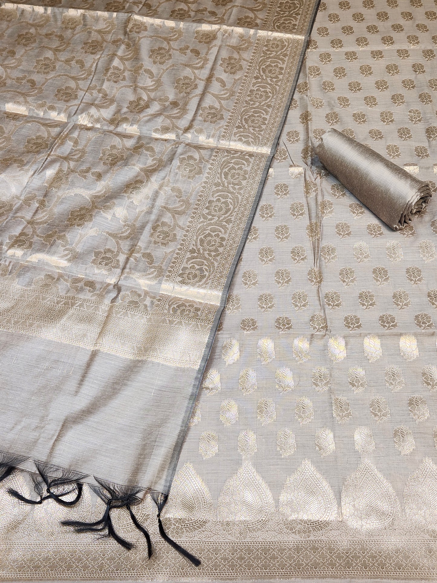Grey Zari resham silk banarasi suit