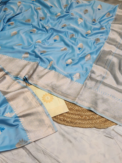 Powder Blue Mashru Silk Banarasi Saree With Meena bootas