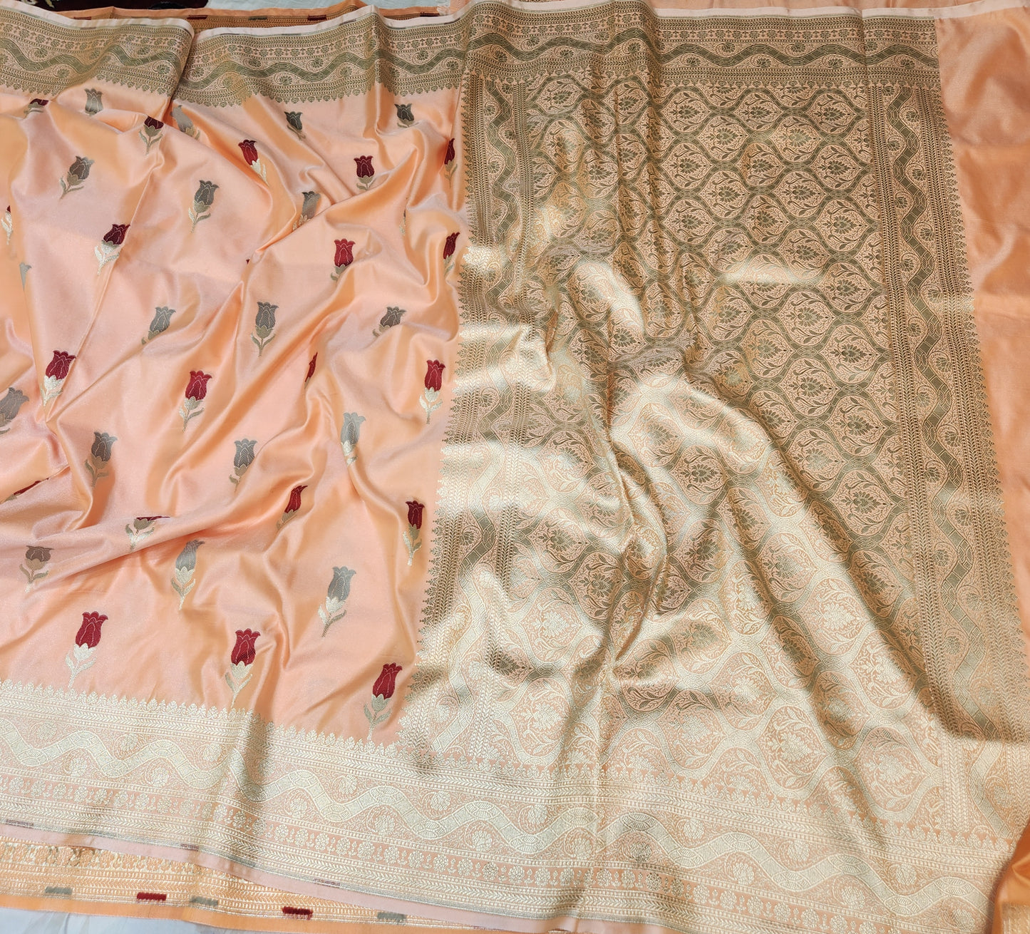 Peach banarasi Mashru Silk Banarasi Saree With Meena bootas