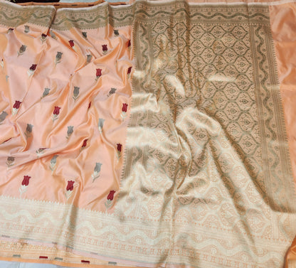 Peach banarasi Mashru Silk Banarasi Saree With Meena bootas