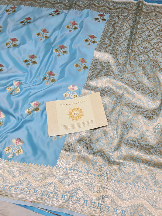 Powder Blue Mashru Silk Banarasi Saree With Meena bootas