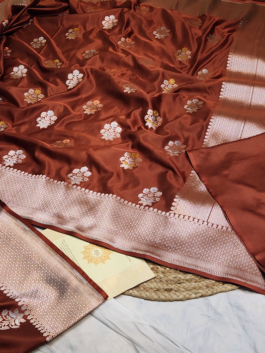 Coffee brown Mashru Silk Banarasi Saree With Meena bootas