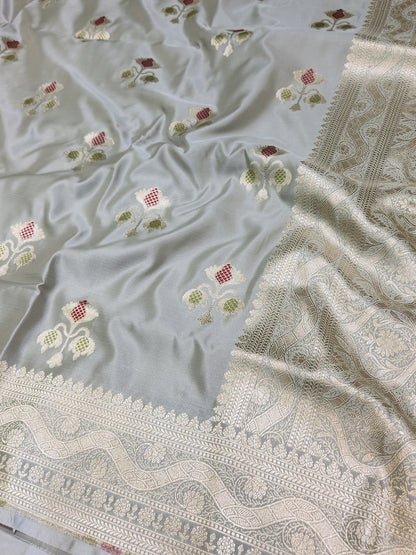 Ash Grey Banarasi Mashru Silk Banarasi Saree With Meena bootas